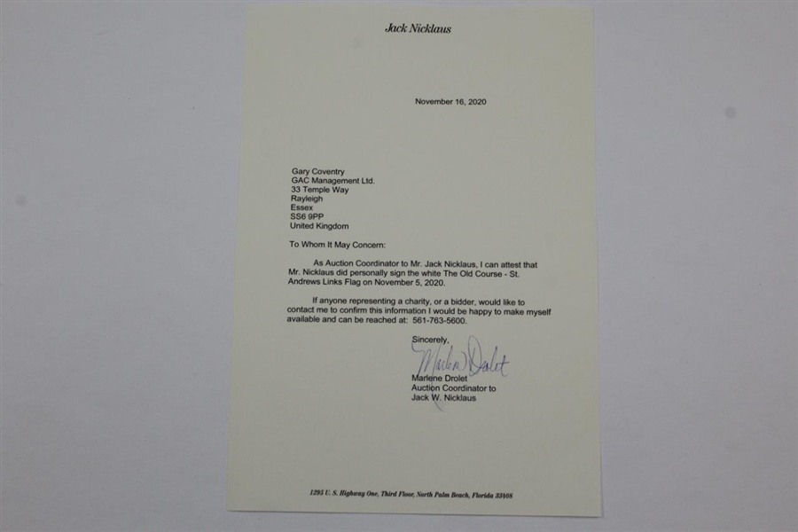 Jack Nicklaus Signed Old Course St. Andrews Links Embroidered White Flag with Letter JSA ALOA