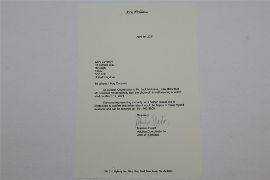 Jack Nicklaus Signed Photo Yellow Shirt Portrait with Letter - JSA ALOA