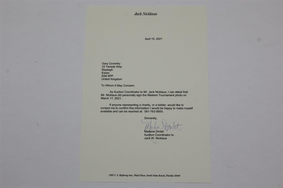 Jack Nicklaus Signed Black & White Photo 1975 Masters Winner with Letter - JSA ALOA