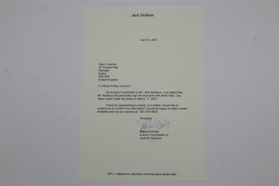 Jack Nicklaus Signed Photo Blue Shirt & Okla. City Hat with Letter - JSA ALOA