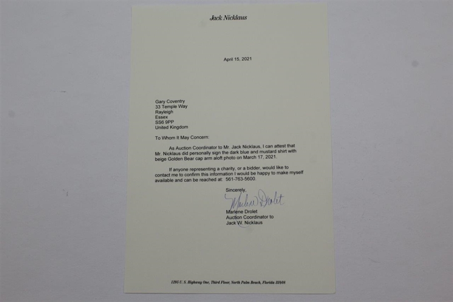 Jack Nicklaus Signed Photo Dark Blue & Mustard Shirt with Letter - JSA ALOA