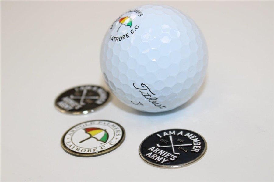 Four (4) Arnold Palmer Items -  Latrobe & 'Member of Arnie's Army'(x2) Ball Markers Plus Logo Golf Ball