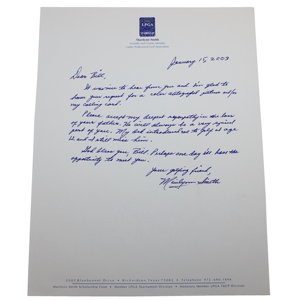 Marilyn Smith Handwritten & Signed 2003 Letter on Letterhead - Jan. 15th JSA ALOA