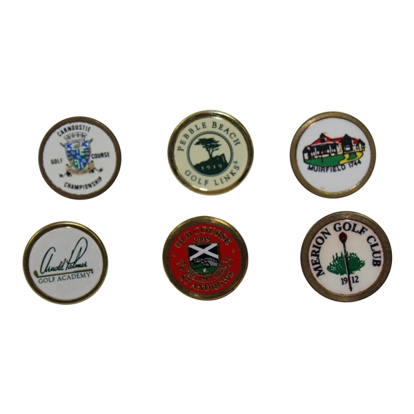 Six (6) Ball Markers - Merion GC, Muirfield, Carnoustie, A. Palmer, Pebble Beach & St. Andrews