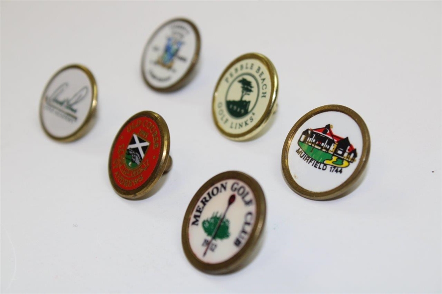 Six (6) Ball Markers - Merion GC, Muirfield, Carnoustie, A. Palmer, Pebble Beach & St. Andrews