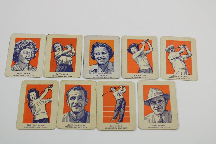 1952 Wheaties Golf Cards Sam Snead (2), Alice Bauer (2), Lloyd Mangrum (1), Marlene Bauer (2), Patty Berg (2)