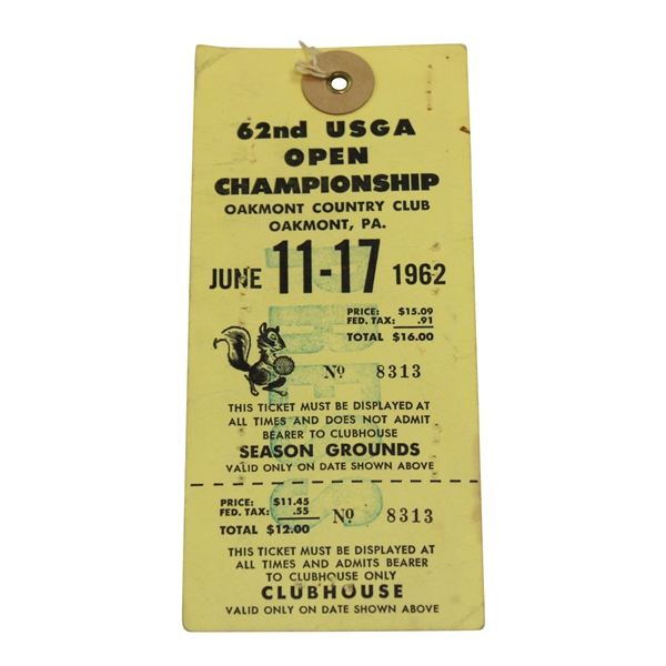 1962 US Open at Oakmont Series Ticket Badge #8313 - Jack Nicklaus Beats Arnold Palmer for First Major