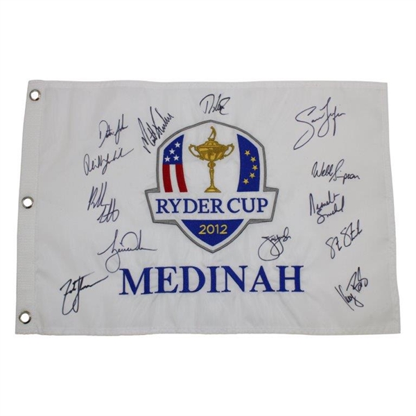 Woods, Mickelson, Johnson & others Signed 2012 Ryder Cup Team USA Signed Medinah Flag JSA ALOA
