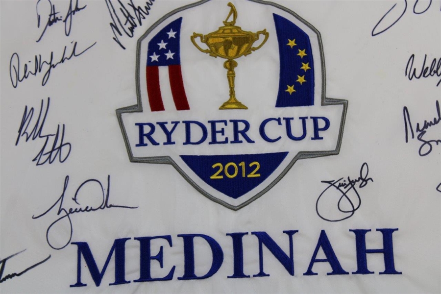 Woods, Mickelson, Johnson & others Signed 2012 Ryder Cup Team USA Signed Medinah Flag JSA ALOA