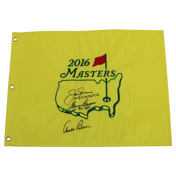 Arnold Palmer, Jack Nicklaus (Dates) & Gary Player (Dates) 'Big 3' Signed 2016 Masters Embroidered Flag JSA ALOA
