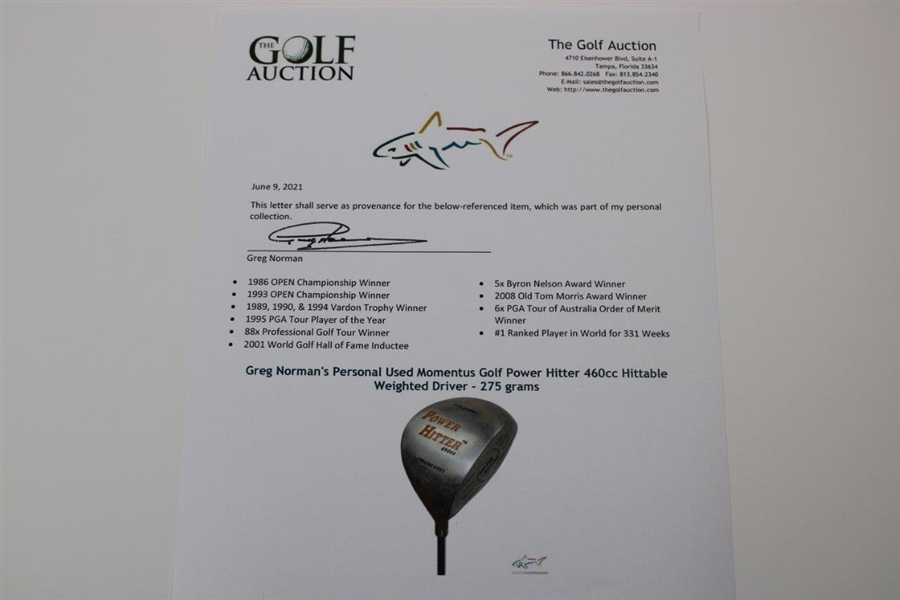 Greg Norman's Personal Used Momentus Golf Power Hitter 460cc Hittable Weighted Driver - 275 grams