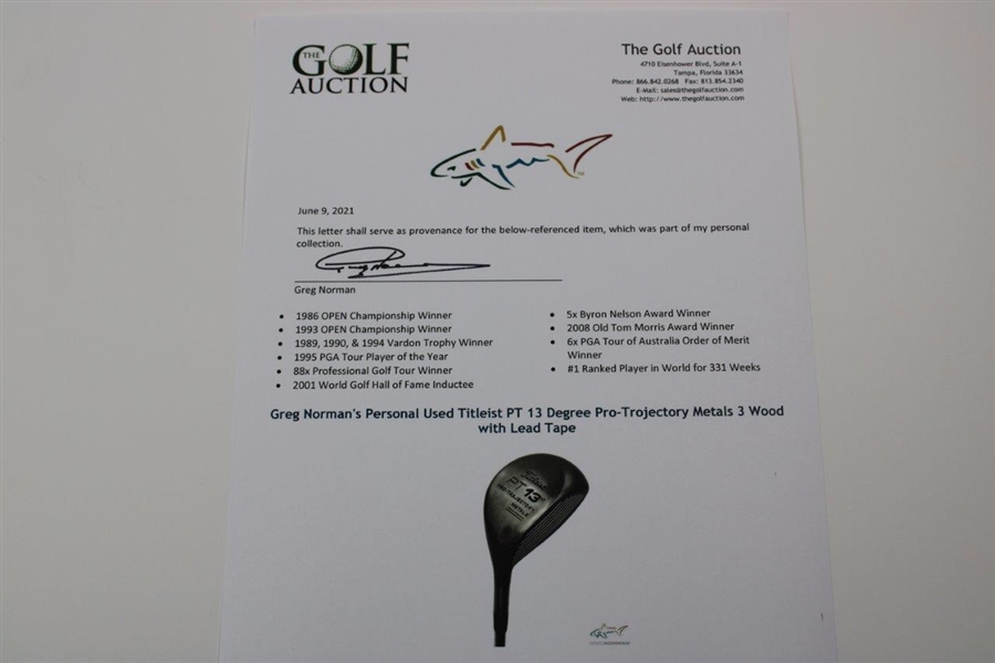 Greg Norman's Personal Used Titleist PT 13 Degree Pro-Trojectory Metals 3 Wood with Lead Tape