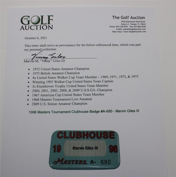 1996 Masters Tournament Clubhouse Badge #A-680 - Marvin Giles III