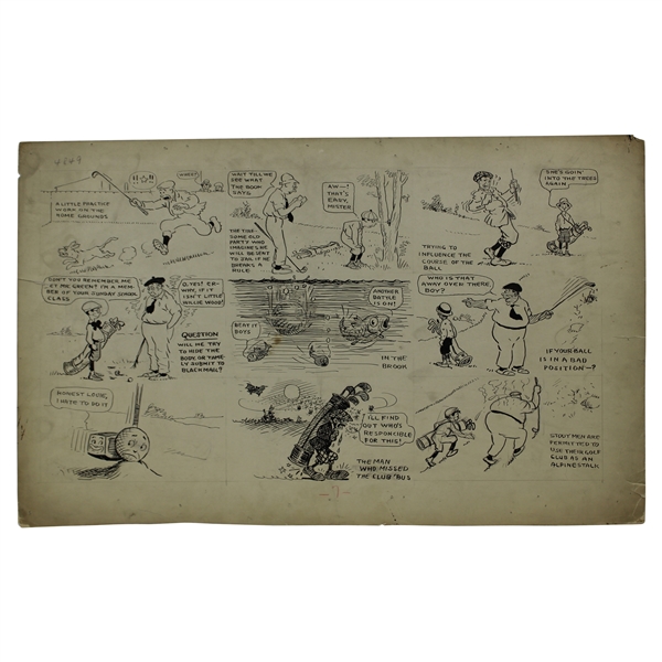Original Clare Briggs Pen & Ink 9 Cell Cartoon Strip Featuring Golfer and Young Willie Wood 