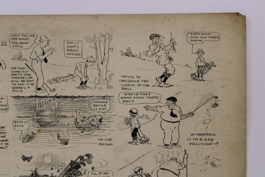 Original Clare Briggs Pen & Ink 9 Cell Cartoon Strip Featuring Golfer and Young Willie Wood 