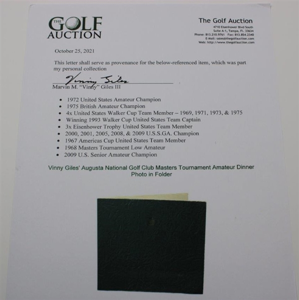 Vinny Giles' Augusta National Golf Club Masters Tournament Amateur Dinner Photo in Folder