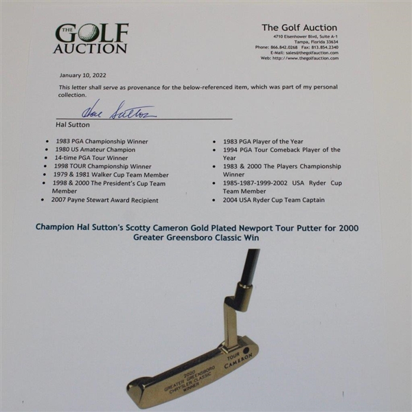 Champion Hal Sutton's Scotty Cameron Gold Plated Newport Tour Putter for 2000 Greater Greensboro Classic Win