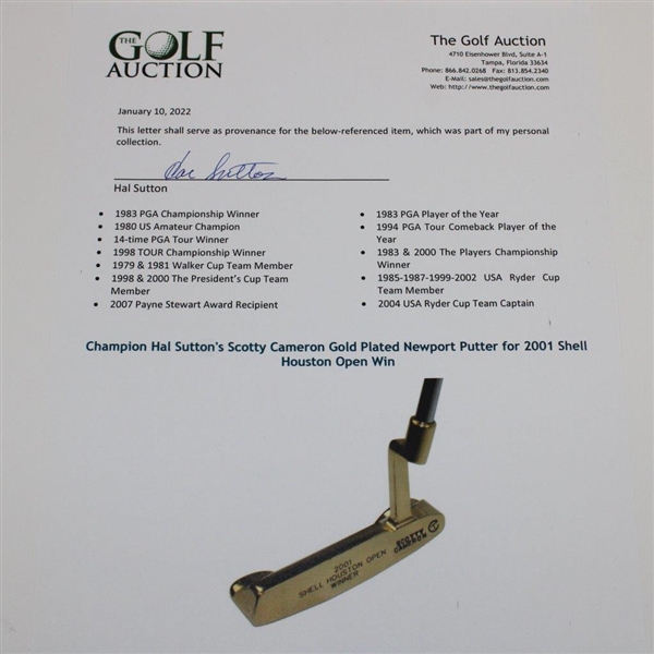 Champion Hal Sutton's Scotty Cameron Gold Plated Newport Putter for 2001 Shell Houston Open Win