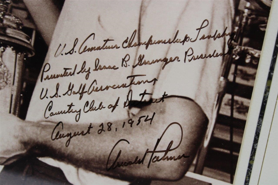 Arnold Palmer Perfectly Signed & Fully Inscribed 1954 US Amateur Champ with Trophy Photo - Wow JSA ALOA