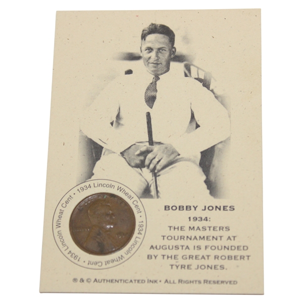 Bobby Jones 'Masters Tournament at Augusta is Founded by Bobby Jones' Lincoln Wheat Penny Card - 1934