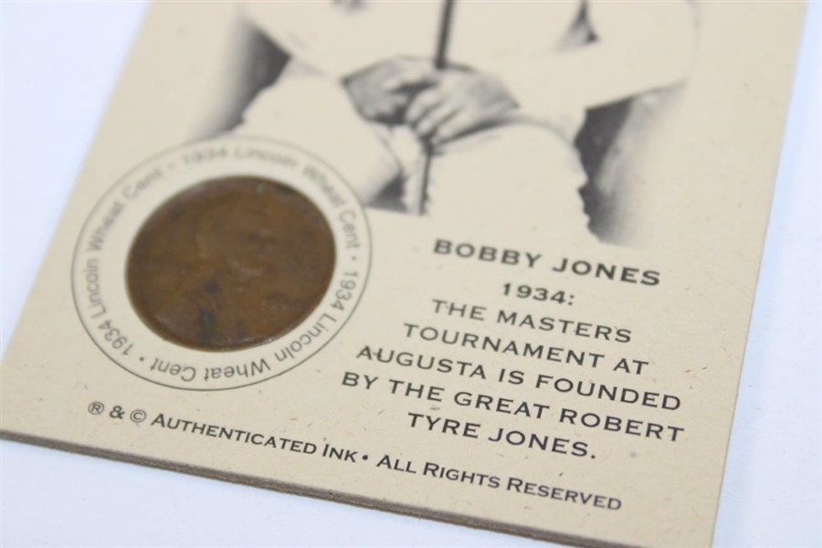 Bobby Jones 'Masters Tournament at Augusta is Founded by Bobby Jones' Lincoln Wheat Penny Card - 1934