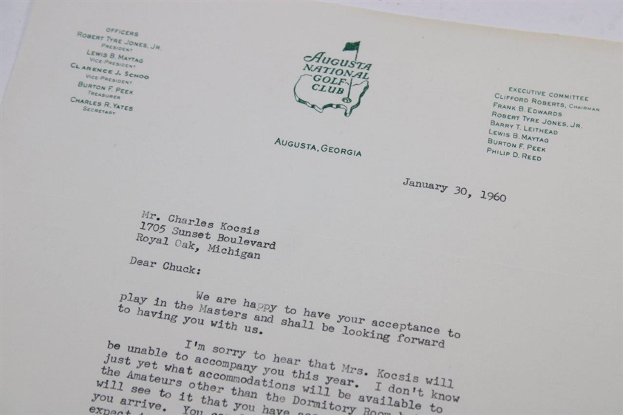 Augusta National Golf Club 1960 Letter to Chuck Kocsis from Mrs Helen Harris - Crow's Nest Content!