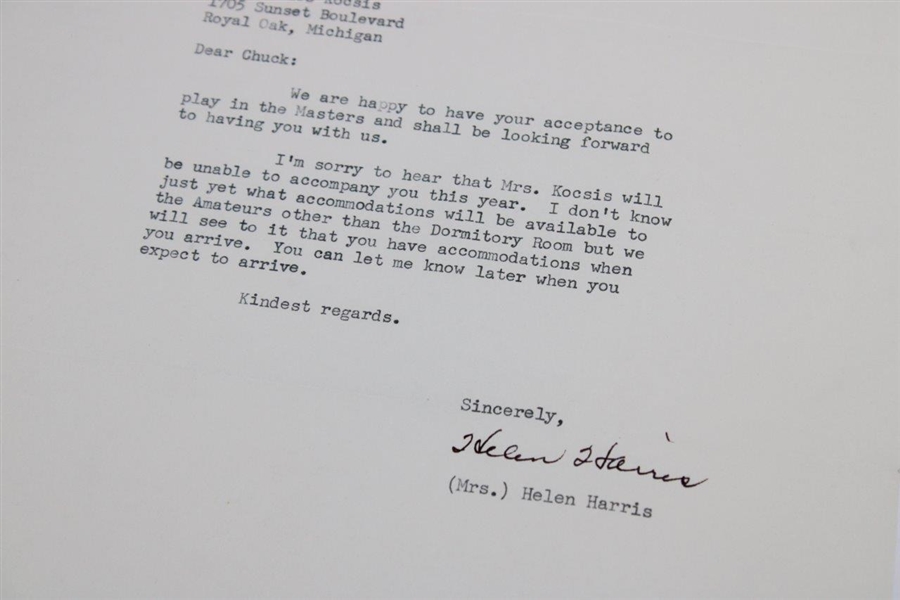 Augusta National Golf Club 1960 Letter to Chuck Kocsis from Mrs Helen Harris - Crow's Nest Content!
