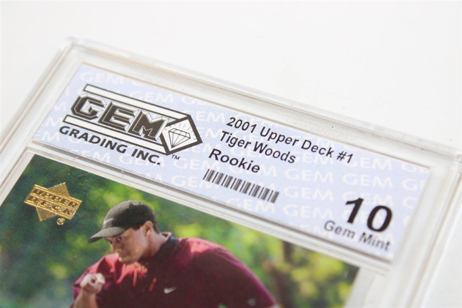 2001 Upper Deck #1 Tiger Woods Rookie Card GEM Mint 10 GEM Grading Inc. Slabbed Card - Bob Burns Collection