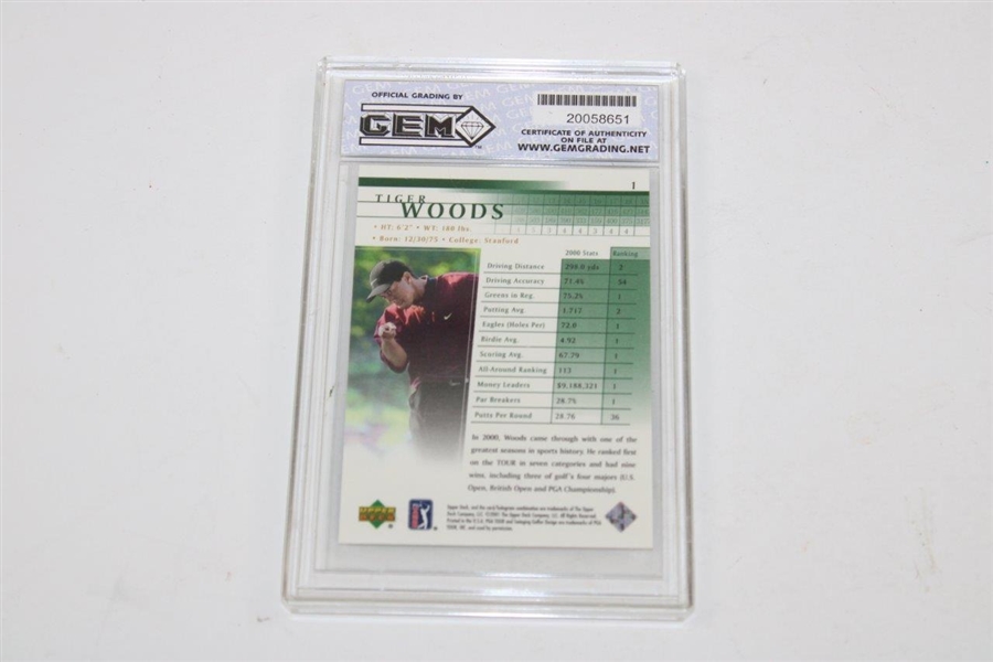 2001 Upper Deck #1 Tiger Woods Rookie Card GEM Mint 10 GEM Grading Inc. Slabbed Card - Bob Burns Collection