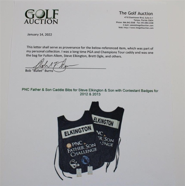PNC Father & Son Caddie Bibs for Steve Elkington & Son with Contestant Badges for 2012 & 2013
