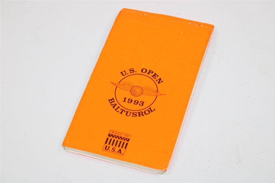 1993 US Open at Baltusrol Match Used Yardage Book with Gifted Caddy Pin - Fulton Allem Bag - Bob Burns Collection