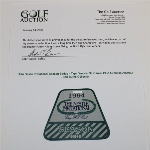 1994 Nestle Invitational Season Badge - Tiger Woods 5th Career PGA Event as Amateur - Bob Burns Collection