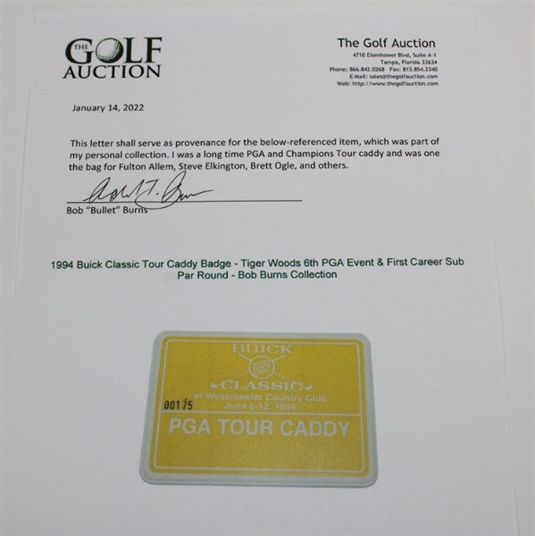 1994 Buick Classic Tour Caddy Badge - Tiger Woods 6th PGA Event & First Career Sub Par Round - Bob Burns Collection