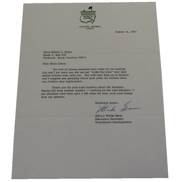 1967 Augusta National Golf Club Letter to Miss Robbie Jones - Tickets Content - August 14th