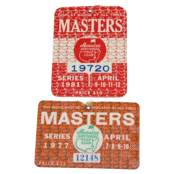 1977 & 1981 Masters Tournament SERIES Badges #12148 & #19720 - Tom Watson Winner