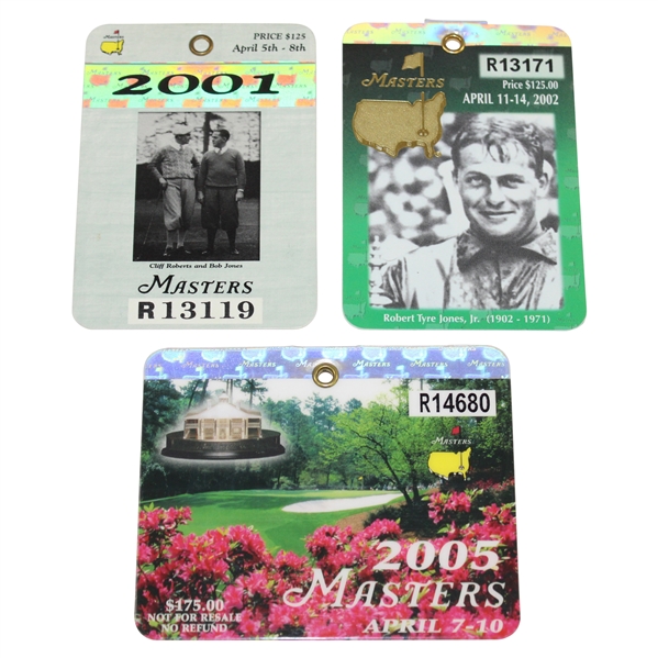 2001, 2002, & 2005 Masters Tournament SERIES Badges - Tiger Woods Masters Wins