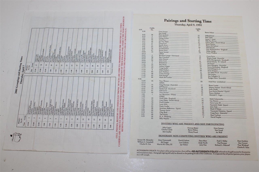 Seven (7) Masters Tournament Thursday Pairing Sheets - 1984, 1989, 1990, 1992, 1995, 1998, & 2005