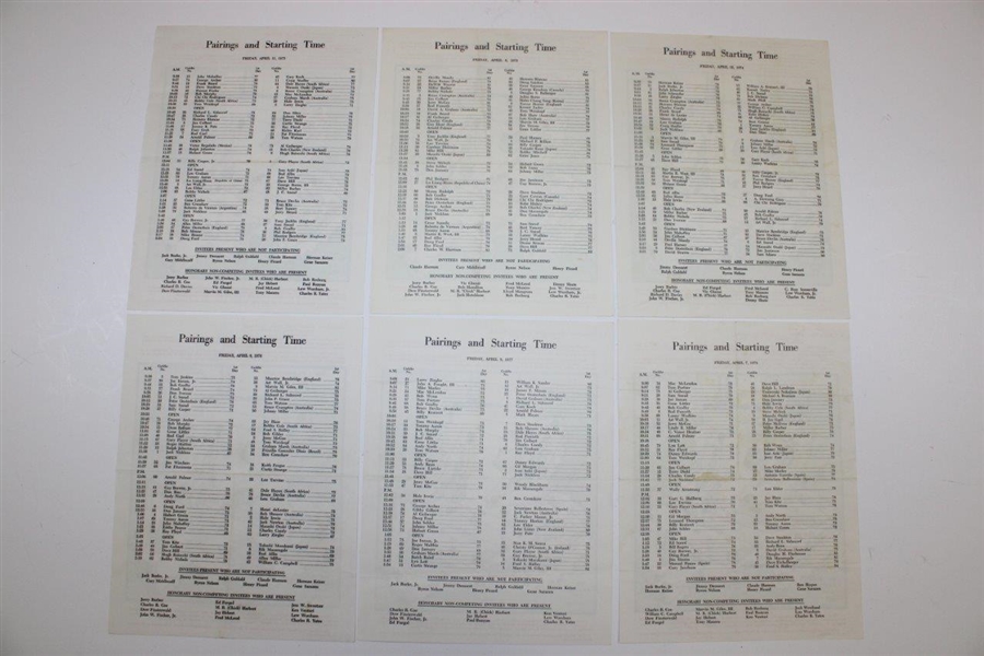 Eight (8) Masters Tournament Friday Pairing Sheets - 1973, 1974, 1975, 1976, 1977, 1978, 1980, & 1982 