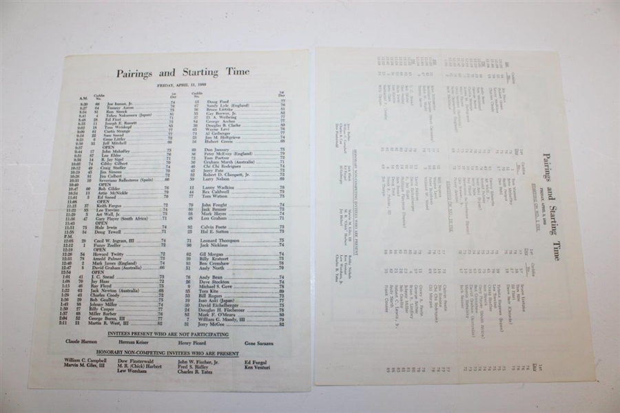 Eight (8) Masters Tournament Friday Pairing Sheets - 1973, 1974, 1975, 1976, 1977, 1978, 1980, & 1982 
