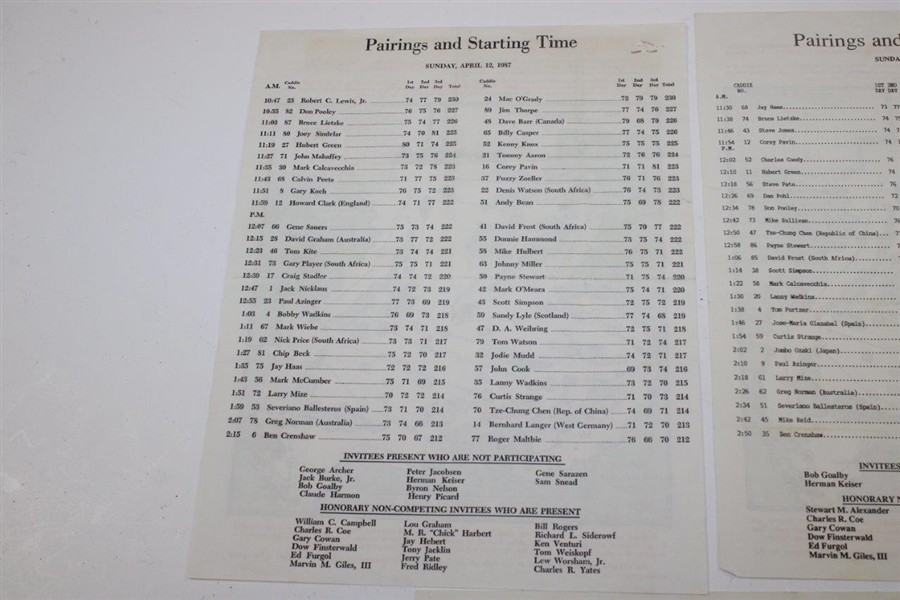 1987, 1988, & 1989 Masters Tournament Sunday Pairing Sheets