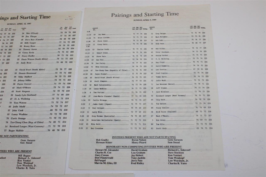 1987, 1988, & 1989 Masters Tournament Sunday Pairing Sheets
