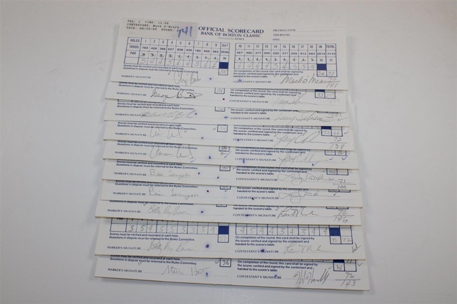 Ten (10) 1989 Bank of Boston Classic Official Match Used & Signed Scorecards Inc. Major Winner Mark O'Meara JSA ALOA