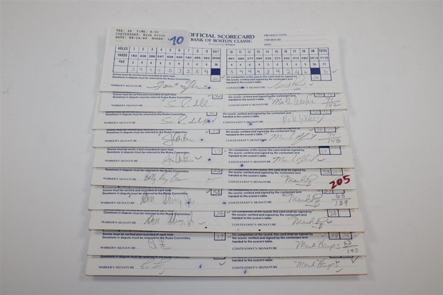 Ten (10) 1989 Bank of Boston Classic Official Match Used & Signed Scorecards Inc. Major Winner Nick Price JSA ALOA