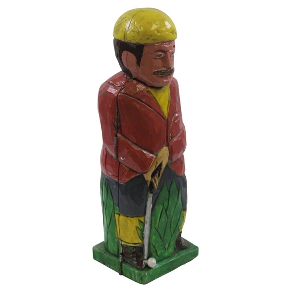 Hand-Painted Wooden Hand-Carved Golfer Whiskey Bottle Holder - 17 1/2 Tall