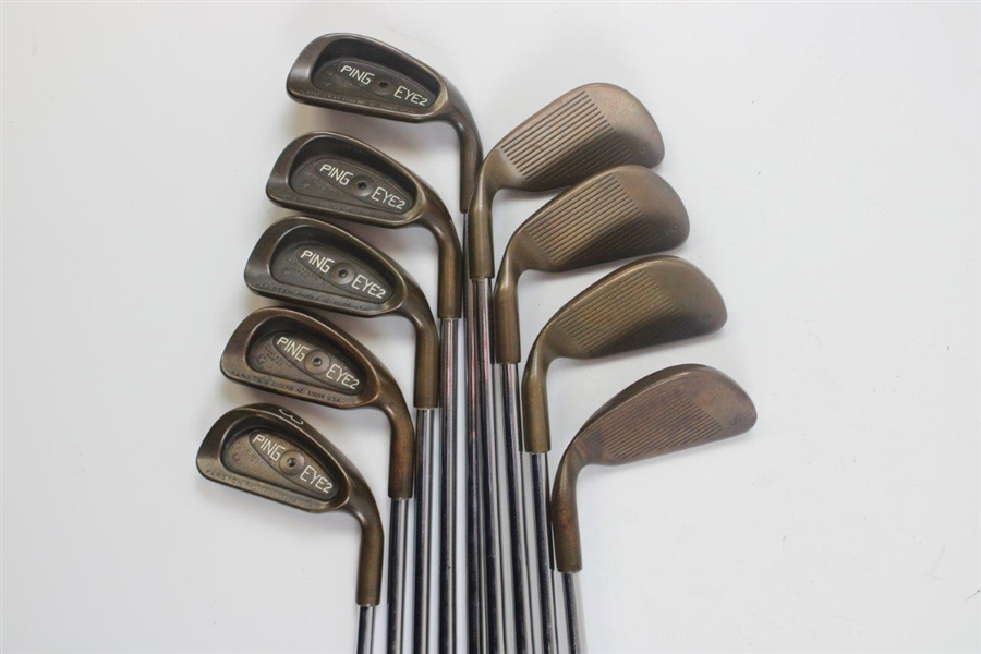 Set of PING Beryllium Copper Black Dot Irons 3-SW with BeCu Putter and #1 & #3 Woods Including PING Bag