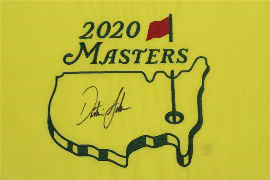 Dustin Johnson Signed 2020 Masters Embroidered Flag with Large Photo of Tiger Green Jacket Presentation JSA ALOA