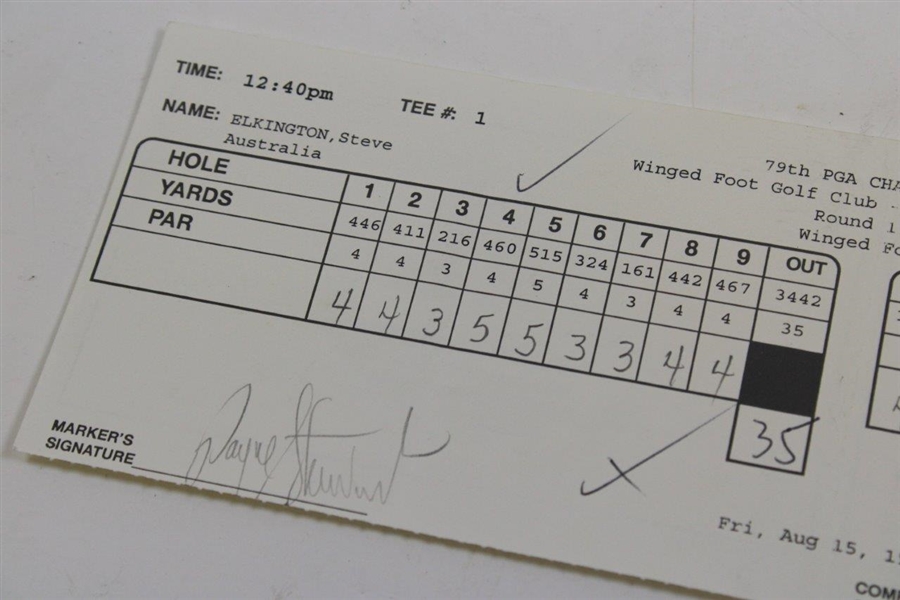 Payne Stewart Signed 1997 PGA Championship at Winged Foot Rnd 2 Scorecard with Steve Elkington JSA ALOA