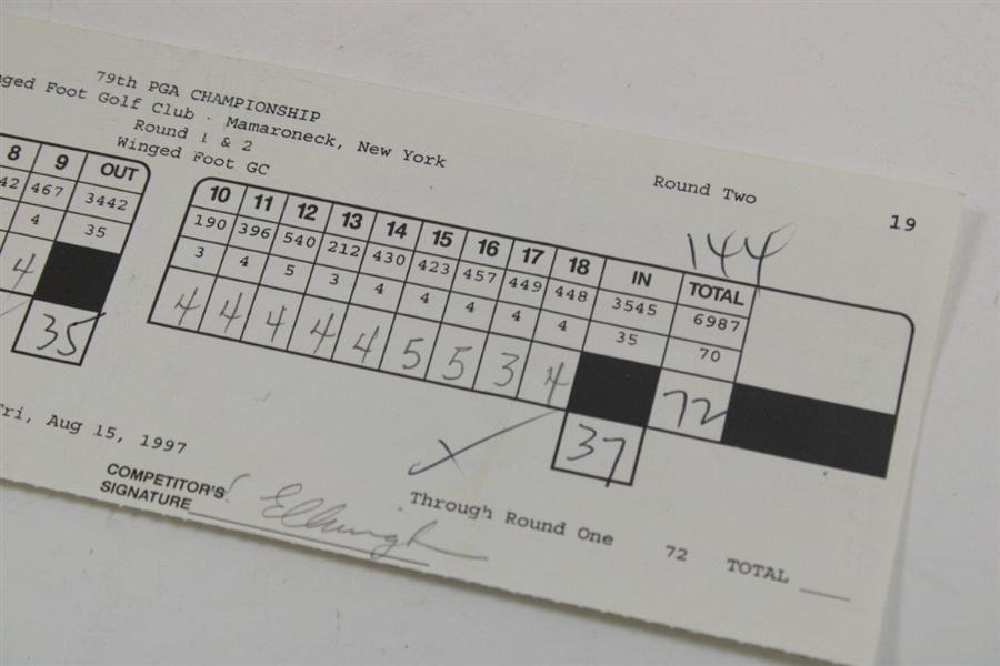 Payne Stewart Signed 1997 PGA Championship at Winged Foot Rnd 2 Scorecard with Steve Elkington JSA ALOA