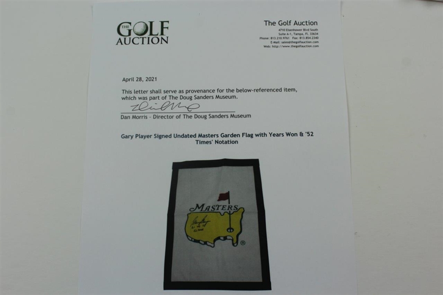 Gary Player Signed Undated Masters Garden Flag with Years Won & '52 Times' Notation