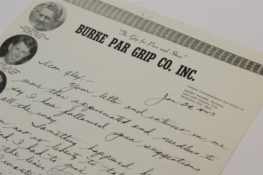 H.G. Picard Signed Handwritten Letter To Alex Morrison on 1943 Burke Par Grip Co. Inc. Letterhead JSA ALOA